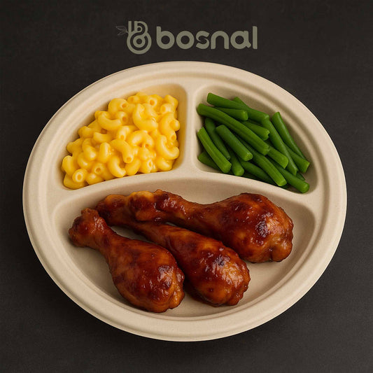 Bosnal - Sugarcane Bagasse Compostable Plates, 10 inch 3 - Compartment, Round - themonogram manor 
