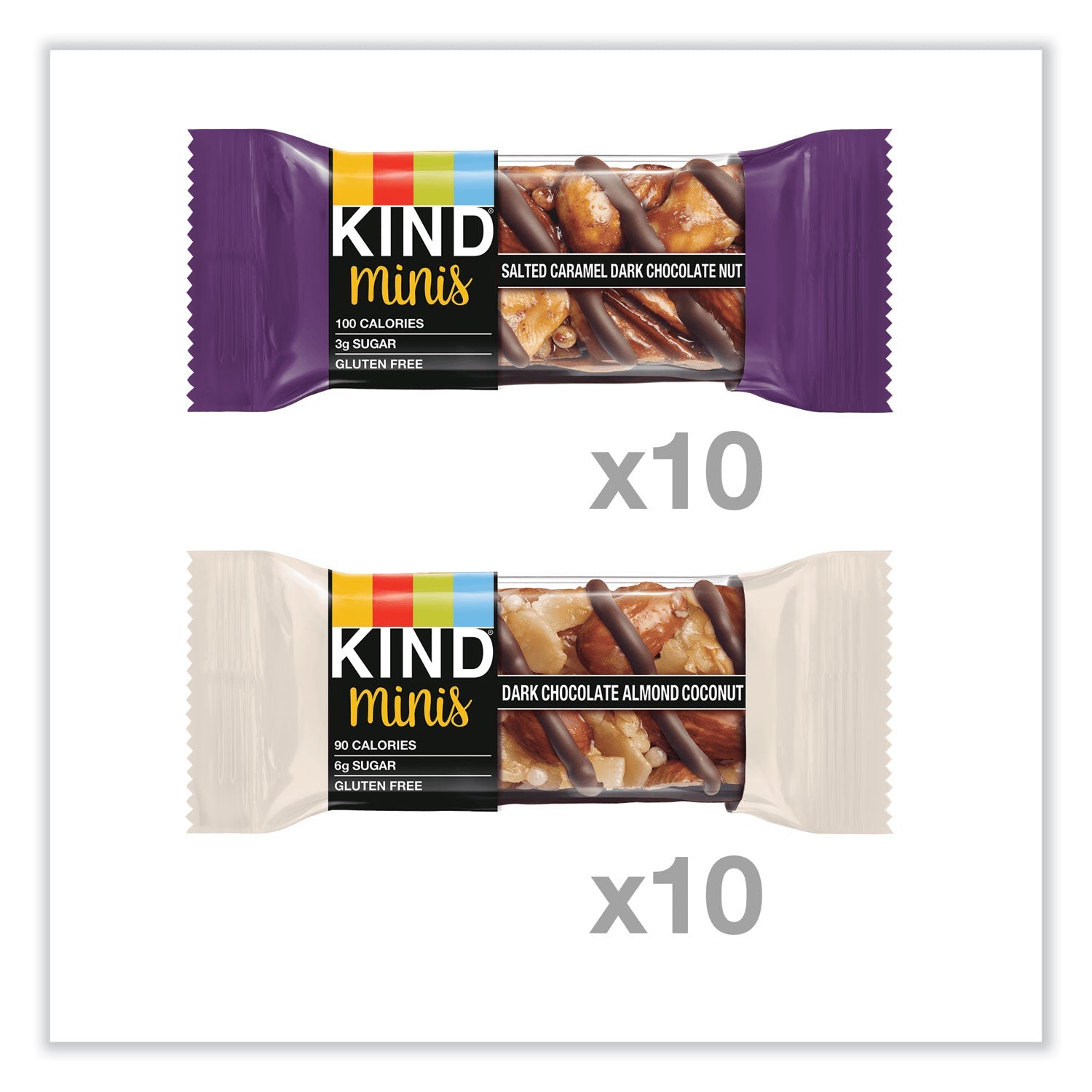 KIND Minis, Salted Caramel and Dark Chocolate Nut/Dark Chocolate Almond and Coconut, 0.7 oz, 20/Pack - themonogram manor 
