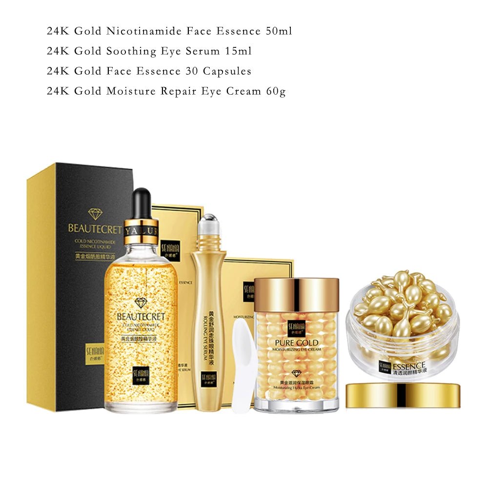 Face Cream Kit 24K Gold Niacinamide Essence Remove Dark Eye Circles Eye Serum Firming Eye Cream Face Care Set Korean Cosmetics - themonogram manor 