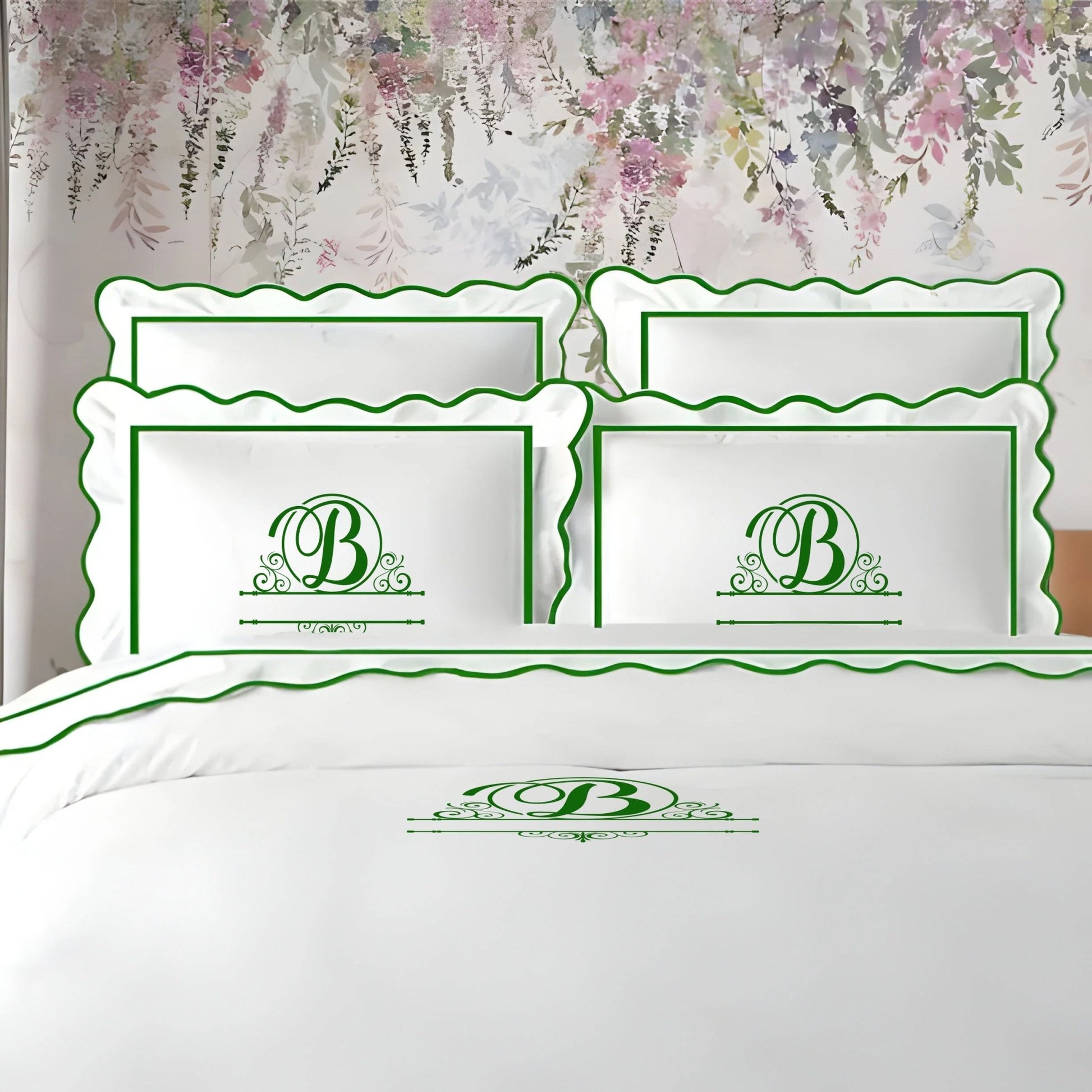 Monogram 400TC Cotton Scallop Embroidery & Border Sateen Solid Duvet Cover Set - themonogram manor 