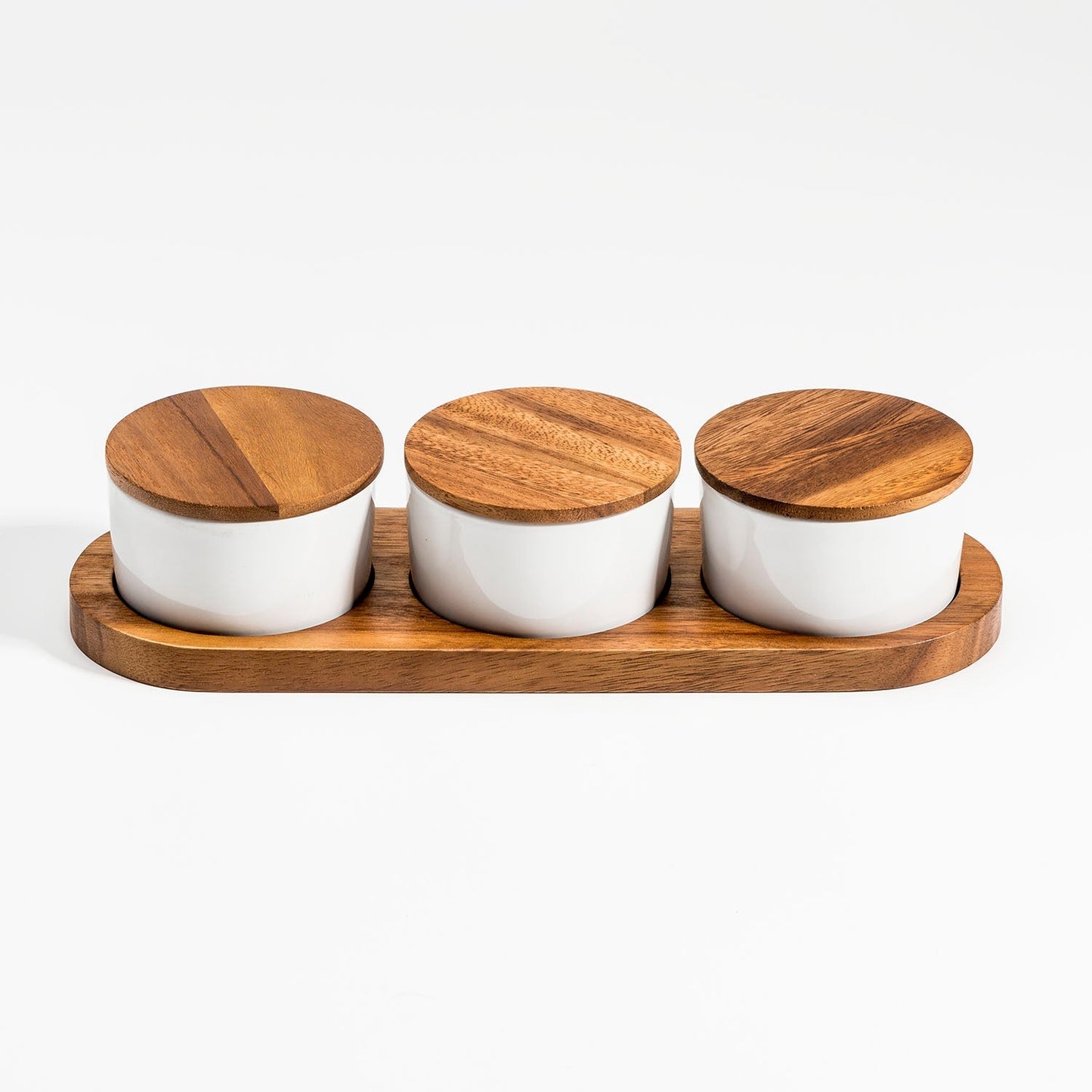 Ceramic Condiment Set on Acacia Wood Base - themonogram manor 