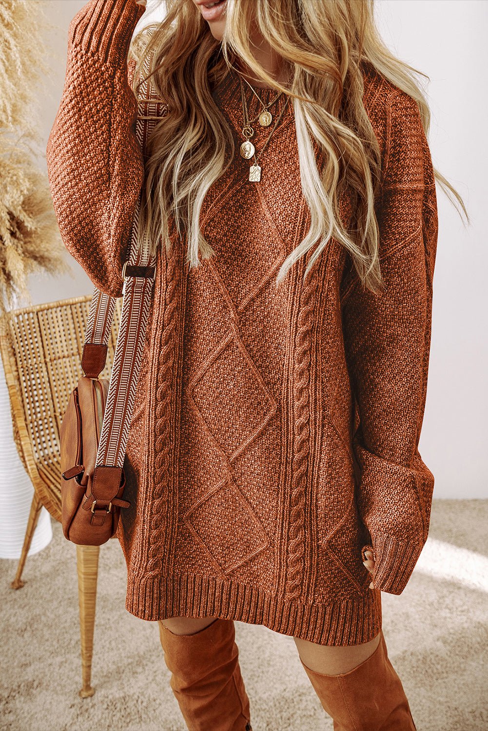 Cable Knit Sweater Dress in Coffee - themonogram manor 