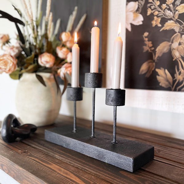 Distressed Black Metal Candle Holder - themonogram manor 