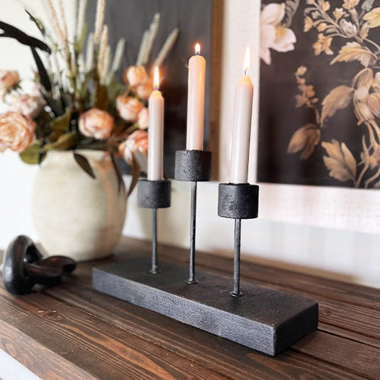 Distressed Black Metal Candle Holder - themonogram manor 