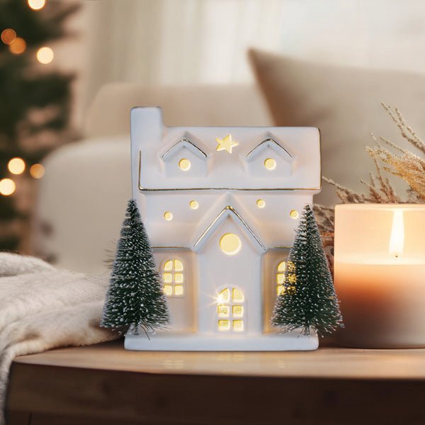 Lit Ceramic House With Trees - themonogram manor 