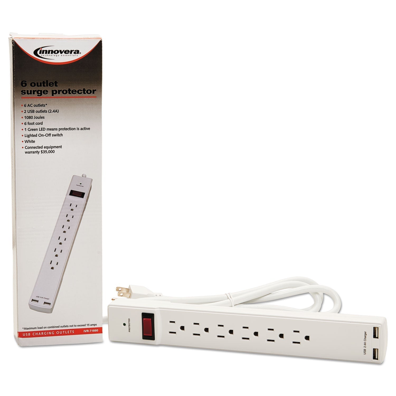 Innovera Surge Protector, 6 AC Outlets/2 USB Ports, 6 ft Cord, 1,080 J, White - themonogram manor 