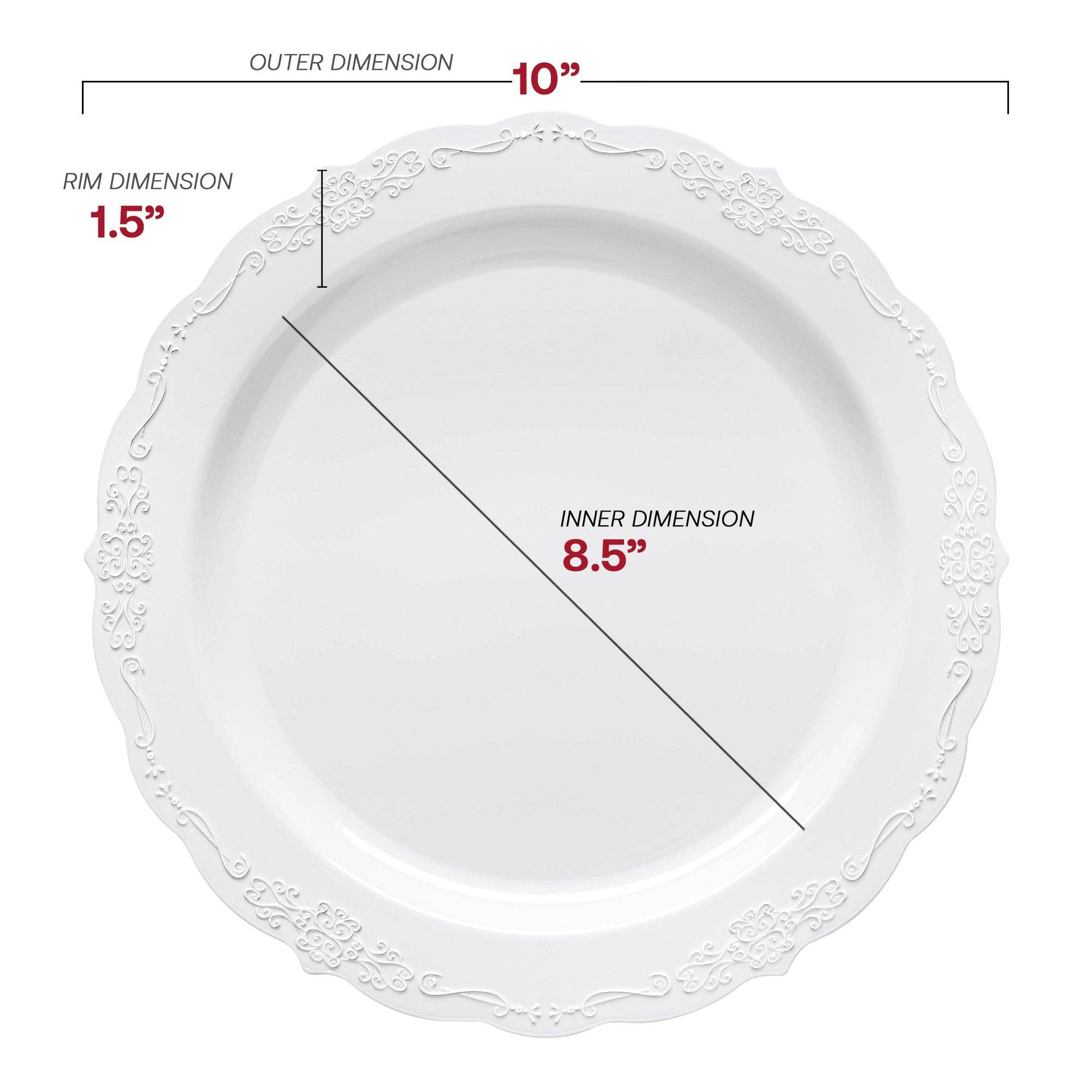 10" White Vintage Round Plastic Dinner Plates - 10 pcs - themonogram manor 