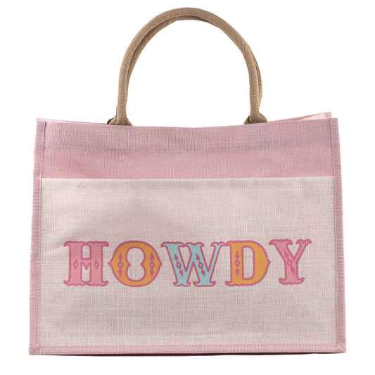 Howdy Friends Jute Pocket Tote Pink/Multi 19x14x7.5 - themonogram manor 