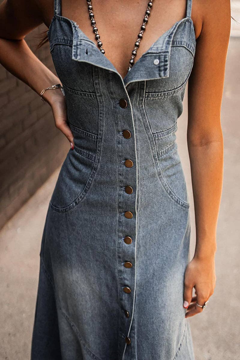Button - Front Denim A - Line Dress - themonogram manor 