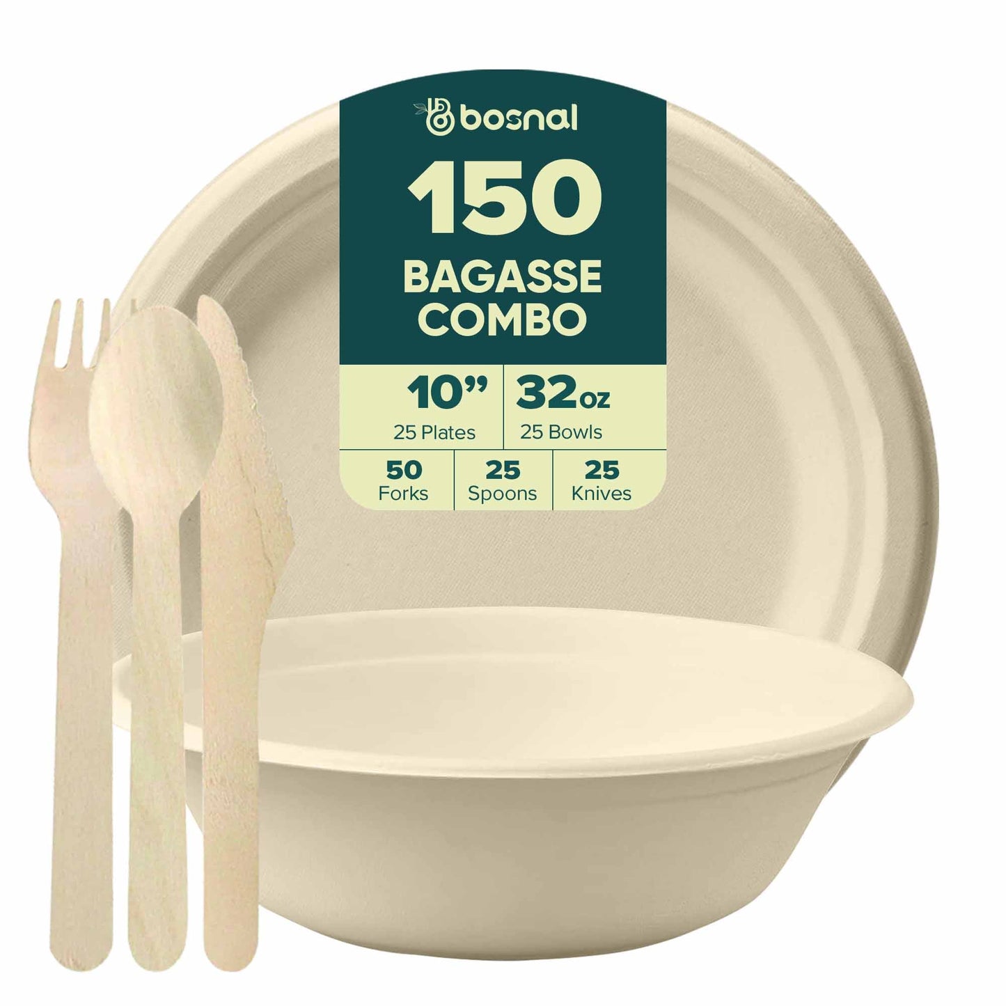 Bosnal – Sugarcane Bagasse Compostable 10 inch Round Plates with 32 Oz Bowls and Cutlery - themonogram manor 