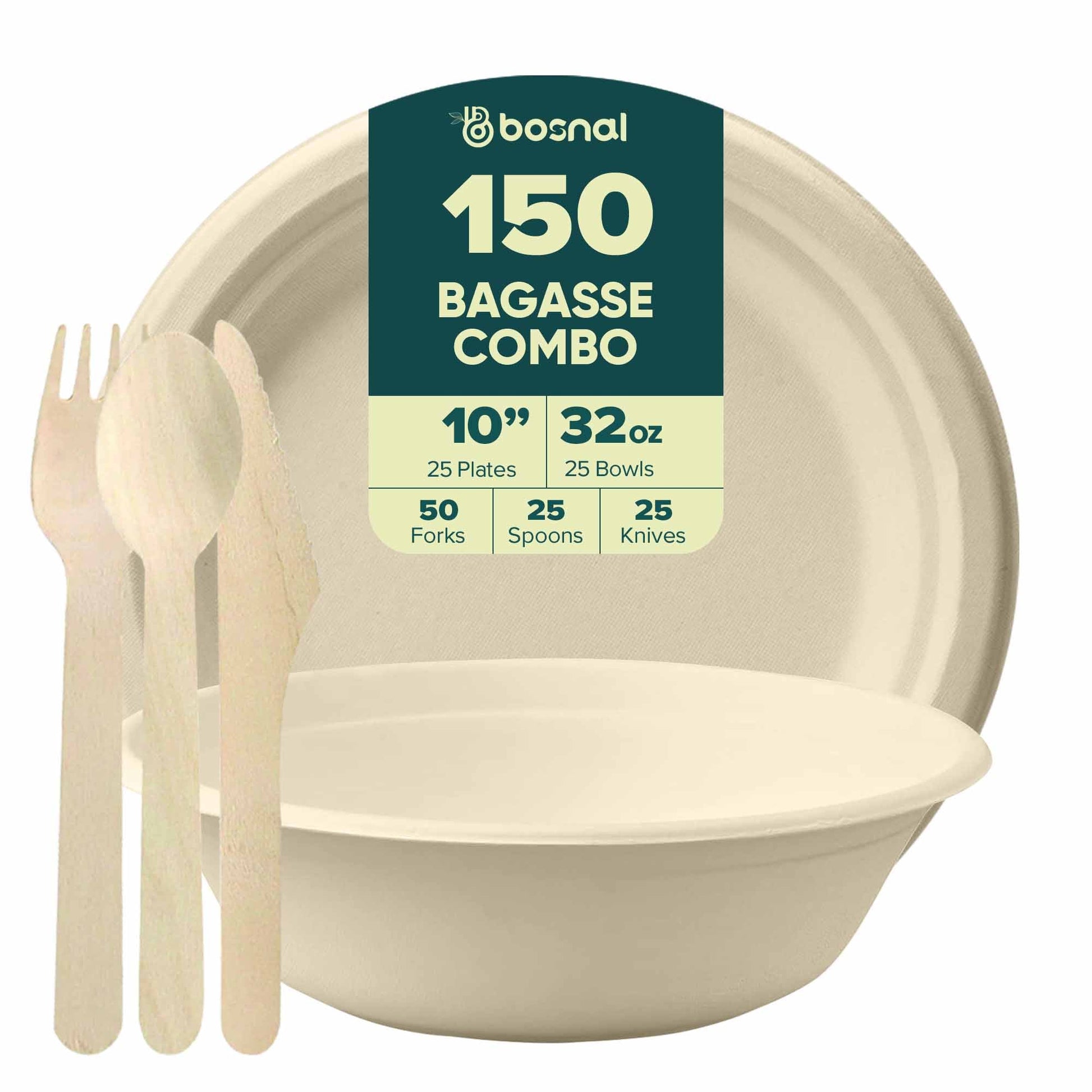 Bosnal – Sugarcane Bagasse Compostable 10 inch Round Plates with 32 Oz Bowls and Cutlery - themonogram manor 