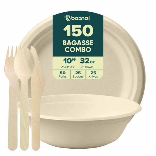 Bosnal – Sugarcane Bagasse Compostable 10 inch Round Plates with 32 Oz Bowls and Cutlery - themonogram manor 
