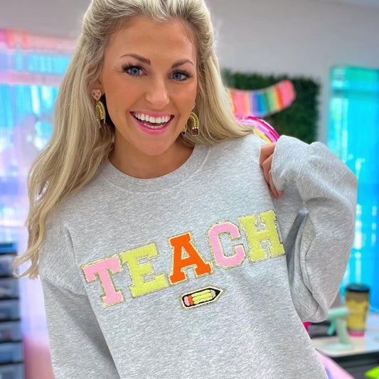 Teach Pencil Letter Patch Crewneck Sweatshirt - themonogram manor 