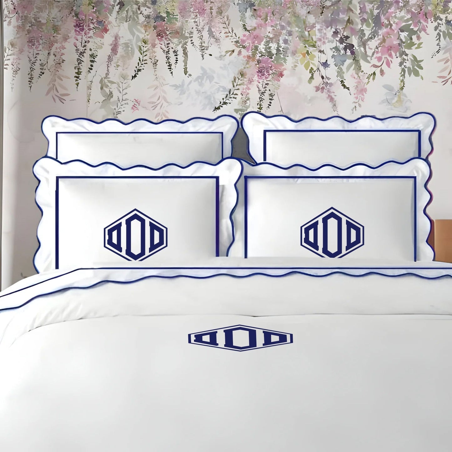 Monogram 400TC Cotton Scallop Embroidery & Border Sateen Solid Duvet Cover Set - themonogram manor 