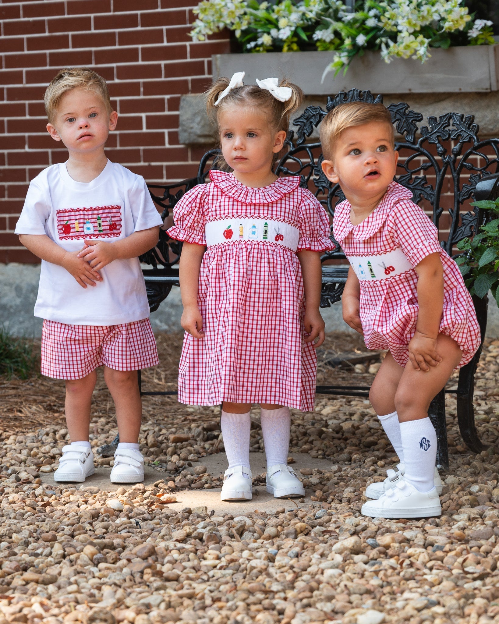 School Supplies Smocked Red Windowpane Boy Bubble - FINAL SALE - themonogram manor 
