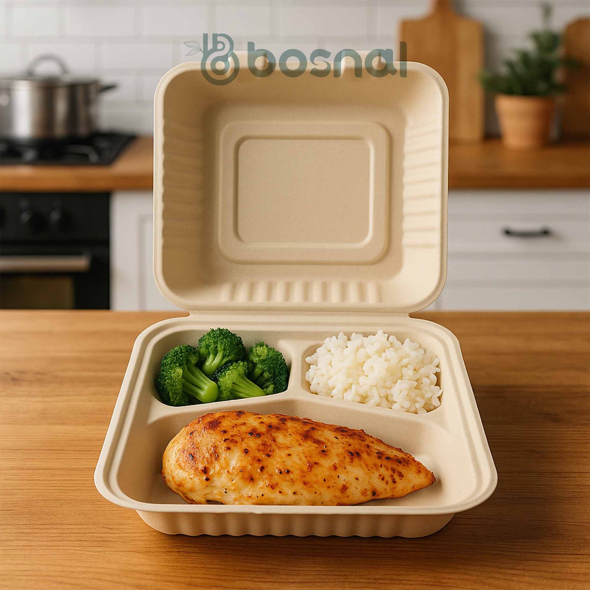 Bosnal - Sugarcane Bagasse Compostable 9 Inch 3 - Compartment Clamshell - Case of 8 (200 Pcs) - themonogram manor 