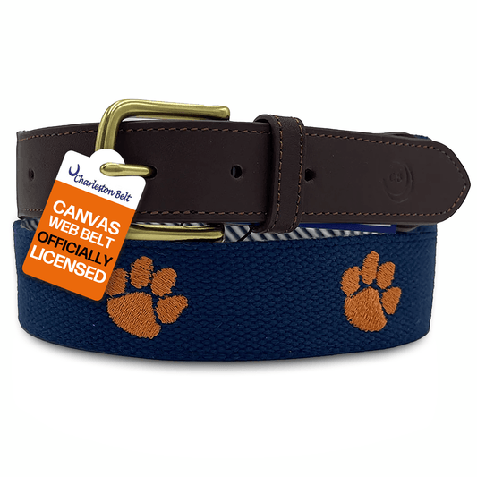 Clemson University Tigers - Officially Licensed - Orange Paw Embroidery on Navy Blue Canvas Web Belt - themonogram manor 