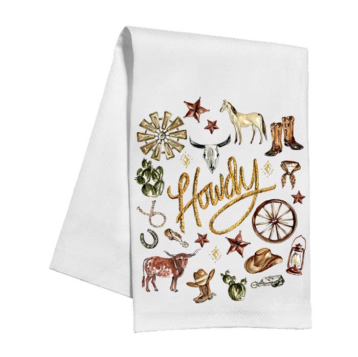Handpainted Howdy Western Icons Kitchen Towel - themonogram manor 