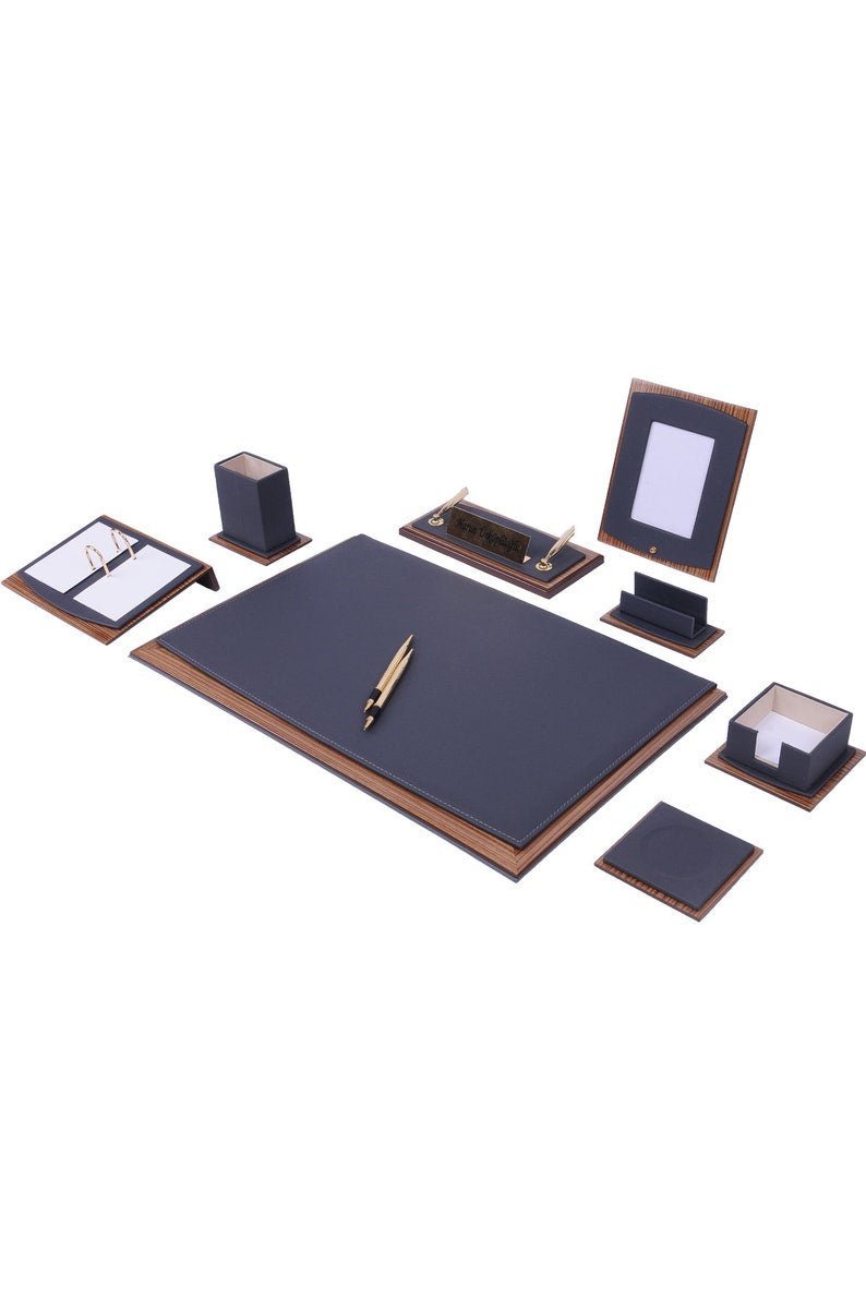 MOOG Star Leather Desk Set - Walnut Wood Combination - Black - 10 PCS - themonogram manor 