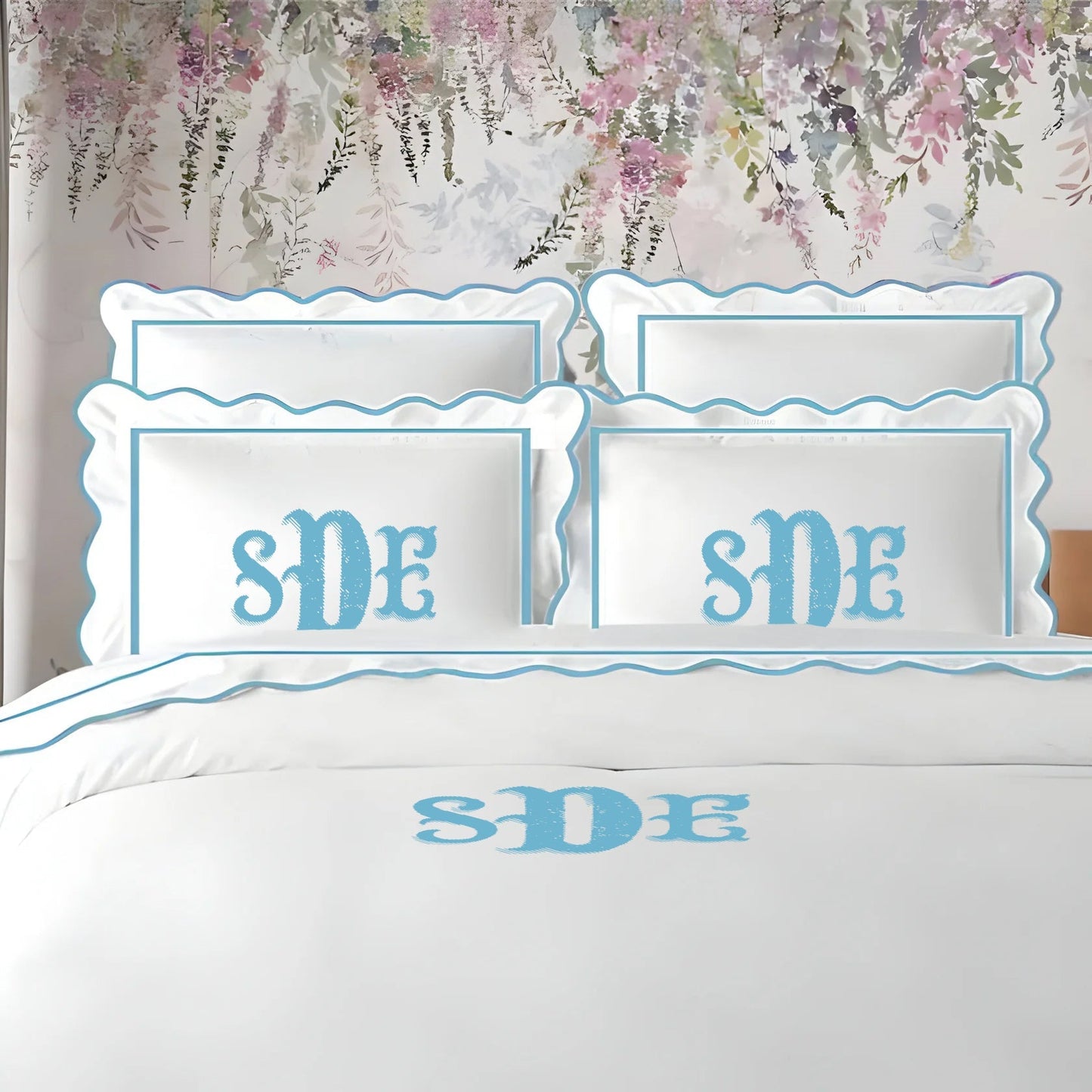 Monogram 400TC Cotton Scallop Embroidery & Border Sateen Solid Duvet Cover Set - themonogram manor 