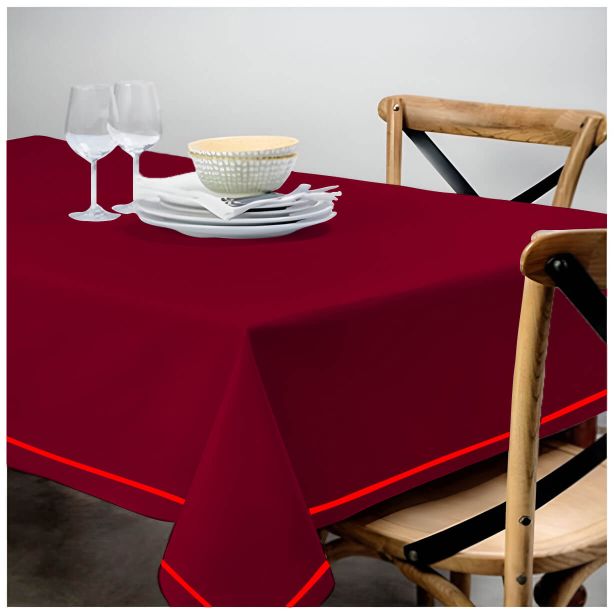Single Embroidery Border Sateen Cotton Solid Table Cloth - Burgundy