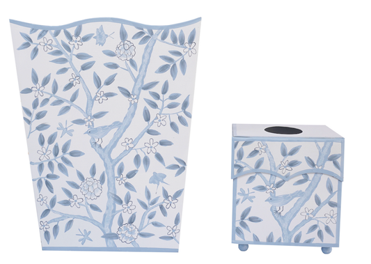 Blue & White Bird & Vine Wastepaper Basket & Tissue