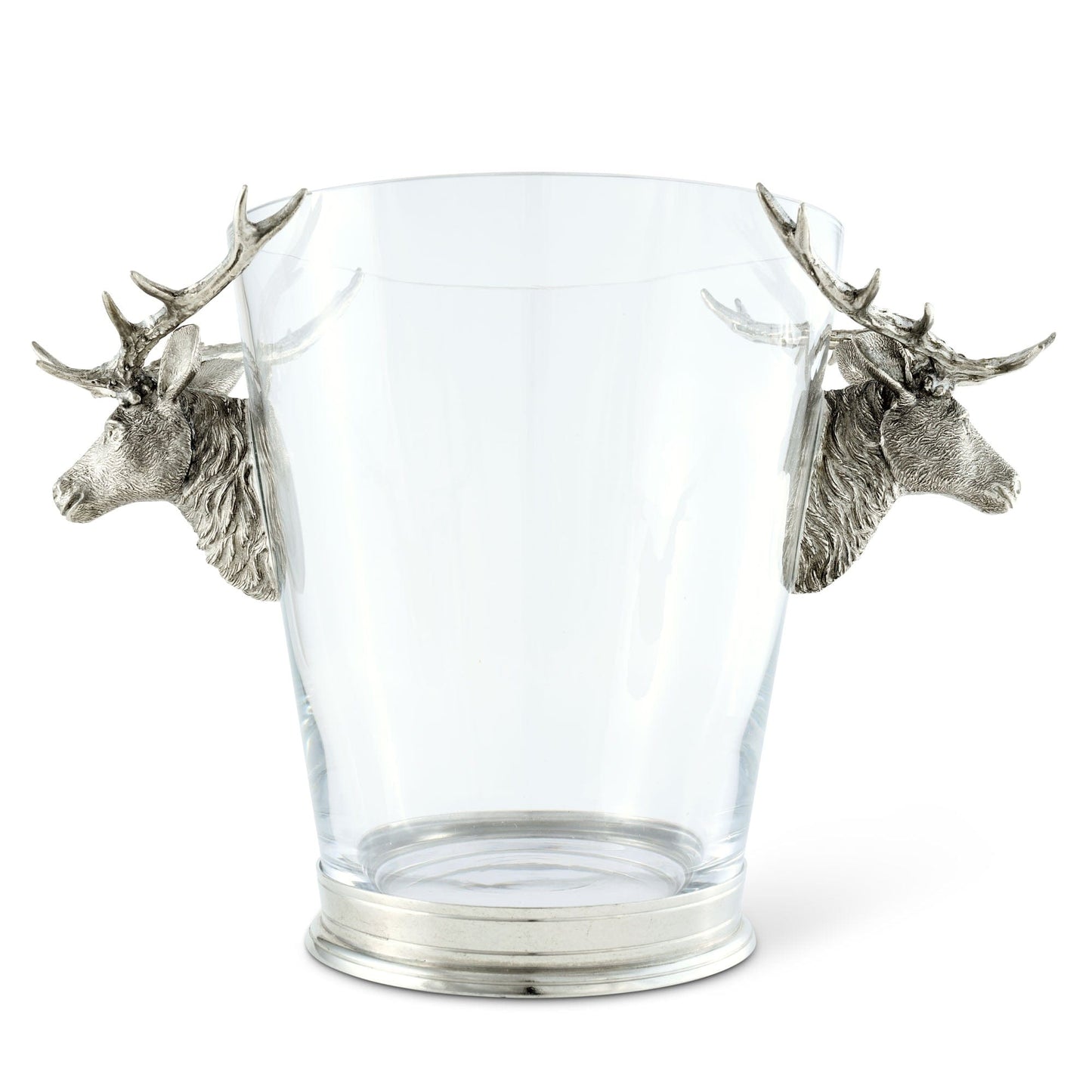 Clear glass container with silver deer heads on a white background