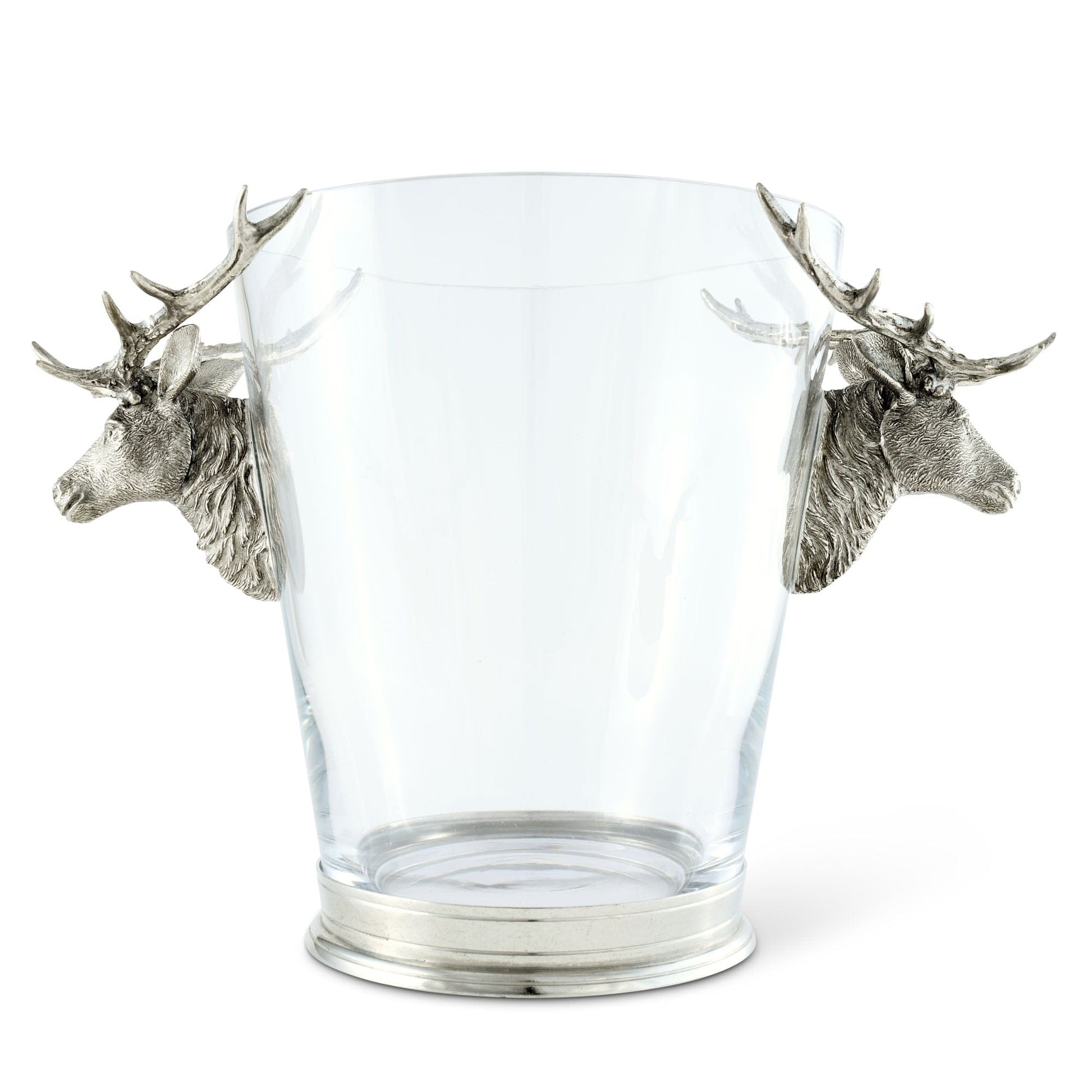 Clear glass container with silver deer heads on a white background