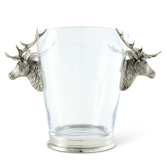 Clear glass container with silver deer heads on a white background