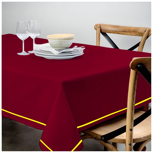 Single Embroidery Border Sateen Cotton Solid Table Cloth - Burgundy